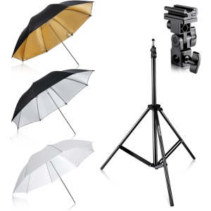 Alquiler Kit 3 Paraguas Neewer 84cm Blanco y Reflectante Dorado y Plateado Madrid